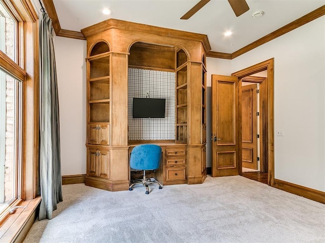5708 Normandy Ter, Oklahoma City, OK 73142 - carpeted office space featuring crown molding, a ceiling fan, and recessed lighting