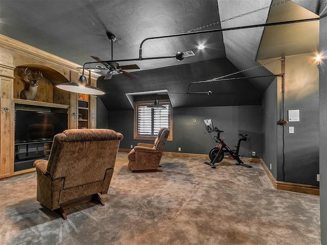 5708 Normandy Ter, Oklahoma City, OK 73142 - sitting room featuring ceiling fan, lofted ceiling, and carpet flooring