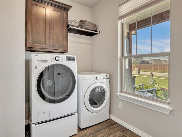 18716 Lazy Grove Dr, Edmond, OK 73012 - washroom with cabinet space, separate washer and dryer, and dark wood-style floors