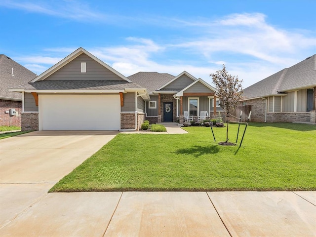 18716 Lazy Grove Dr, Edmond, OK 73012 - craftsman inspired home with an attached garage, brick siding, concrete driveway, a front lawn, and covered porch