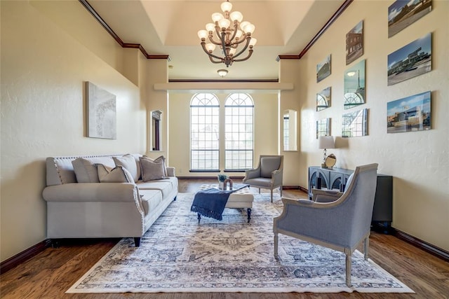 1704 NW 171st St, Edmond, OK 73012 - living area with a chandelier, wood finished floors, and ornamental molding