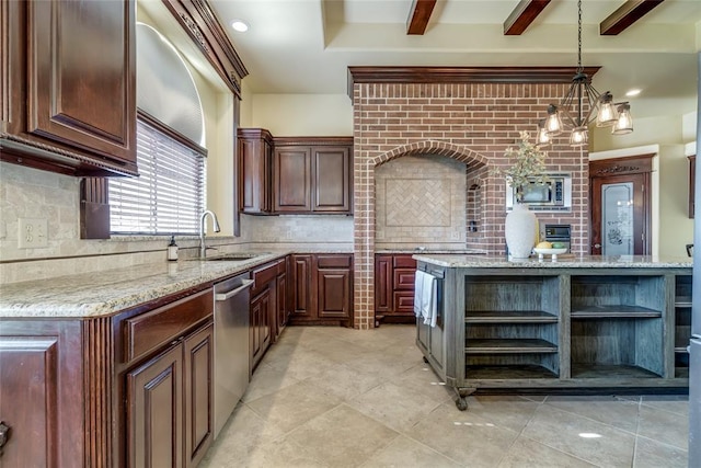1704 NW 171st St, Edmond, OK 73012 - kitchen with open shelves, appliances with stainless steel finishes, tasteful backsplash, decorative light fixtures, and light stone countertops