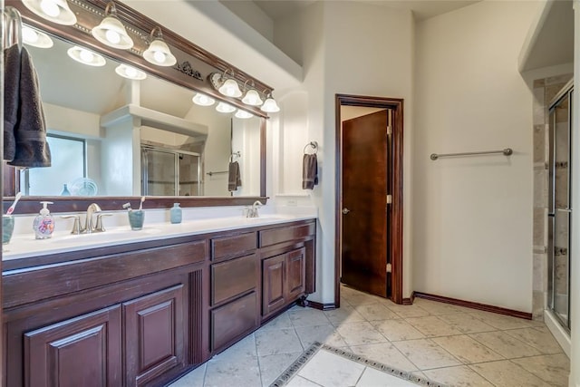 1704 NW 171st St, Edmond, OK 73012 - full bath featuring double vanity, a shower stall, and tile patterned flooring
