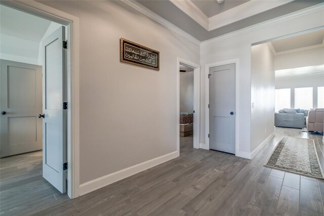 18445 Austin Pl, Edmond, OK 73012 - hallway with wood finished floors, ornamental molding, and a tray ceiling