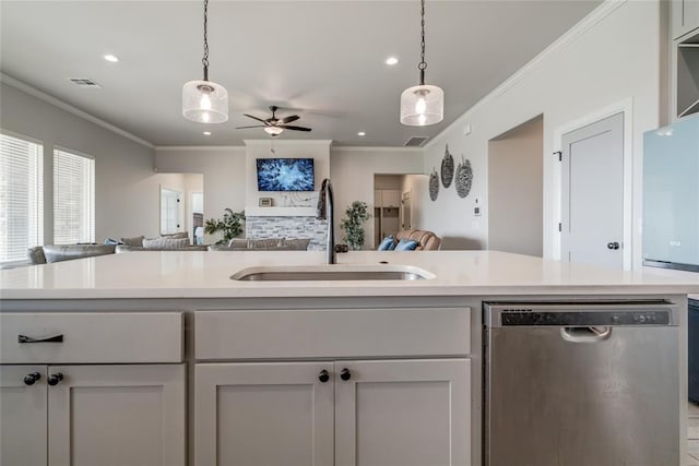 18445 Austin Pl, Edmond, OK 73012 - kitchen featuring dishwasher, open floor plan, ceiling fan, light countertops, and ornamental molding