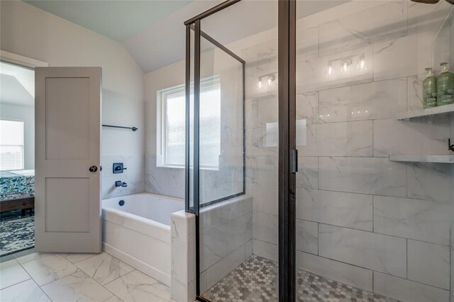 18445 Austin Pl, Edmond, OK 73012 - ensuite bathroom featuring a garden tub, vaulted ceiling, a stall shower, and marble finish flooring