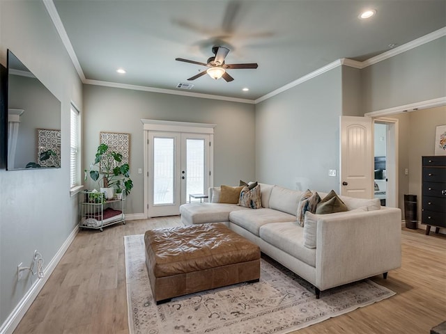 4800 Stelens Ct, Norman, OK 73071 - living area featuring a ceiling fan, light wood finished floors, french doors, ornamental molding, and recessed lighting
