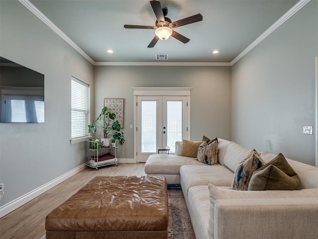 4800 Stelens Ct, Norman, OK 73071 - living room with french doors, wood finished floors, ceiling fan, crown molding, and recessed lighting
