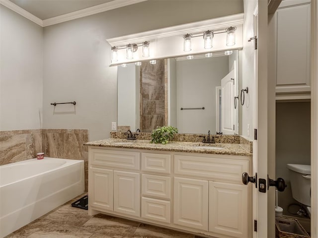 4800 Stelens Ct, Norman, OK 73071 - bathroom featuring a bath, double vanity, and ornamental molding
