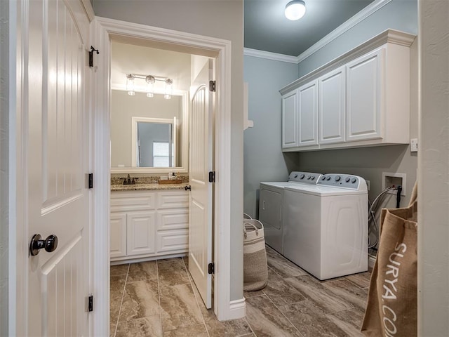 4800 Stelens Ct, Norman, OK 73071 - laundry area with washing machine and clothes dryer, crown molding, and cabinet space