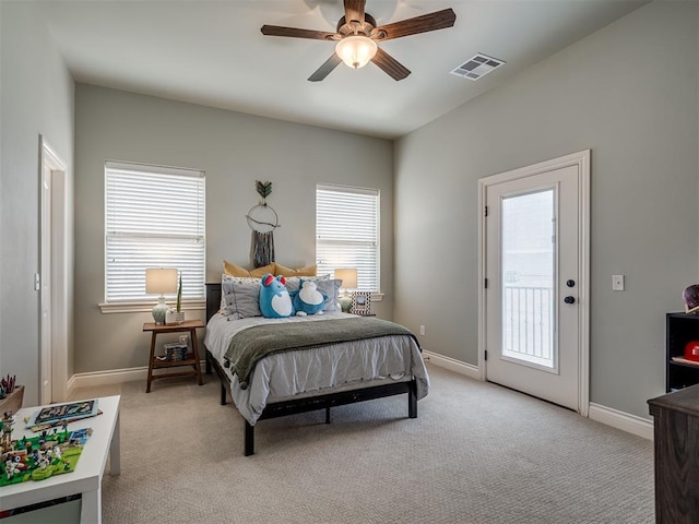 4800 Stelens Ct, Norman, OK 73071 - bedroom featuring light colored carpet, access to outside, and ceiling fan