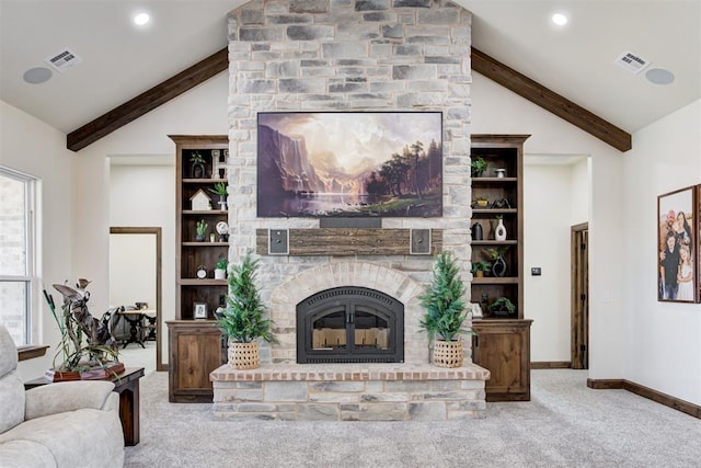 8960 N Banner Rd, Yukon, OK 73099 - carpeted living room featuring a large fireplace, beamed ceiling, recessed lighting, and high vaulted ceiling