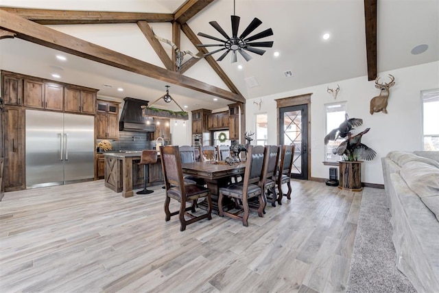8960 N Banner Rd, Yukon, OK 73099 - dining area with a ceiling fan, beamed ceiling, light wood-style flooring, high vaulted ceiling, and recessed lighting