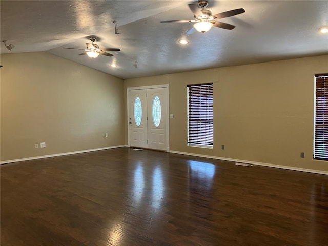 9105 Oak Creek Dr, Midwest City, OK 73130 - entryway featuring ceiling fan, wood finished floors, and lofted ceiling
