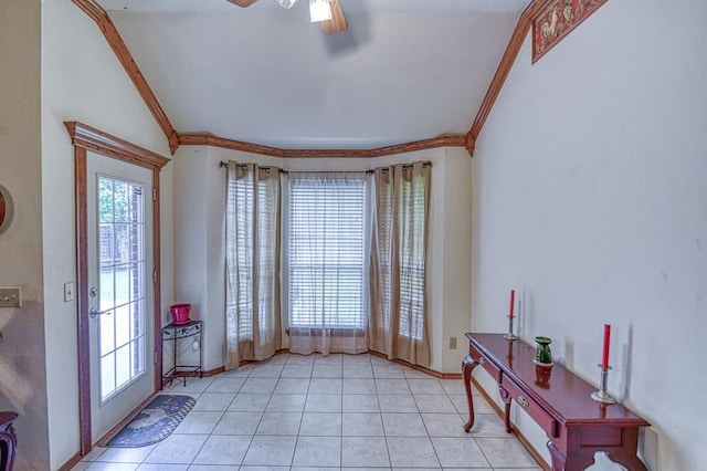 645 SW 160th St, Oklahoma City, OK 73170 - entryway with a ceiling fan, lofted ceiling, light tile patterned floors, and crown molding