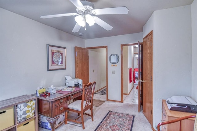 645 SW 160th St, Oklahoma City, OK 73170 - office area featuring ceiling fan, light colored carpet, and light tile patterned flooring