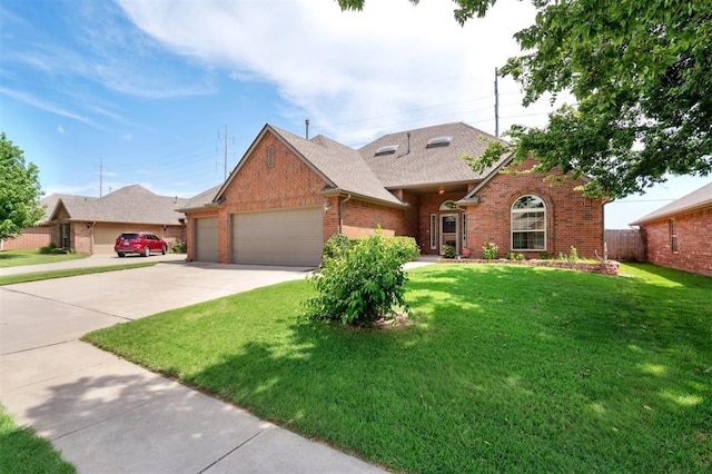 9024 NW 79th Ter, Yukon, OK 73099 - traditional-style home with brick siding, a garage, concrete driveway, and a front lawn