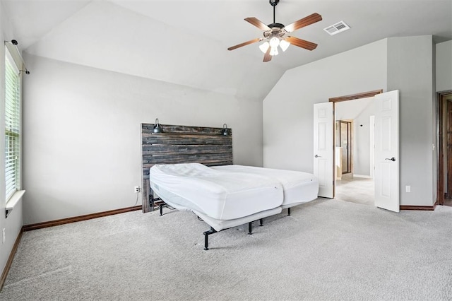 9024 NW 79th Ter, Yukon, OK 73099 - bedroom with carpet flooring, vaulted ceiling, multiple windows, and ceiling fan