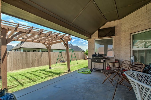 14812 Deerbrook Blvd, Oklahoma City, OK 73142 - fenced backyard with a grill, a patio, a pergola, and outdoor dining space