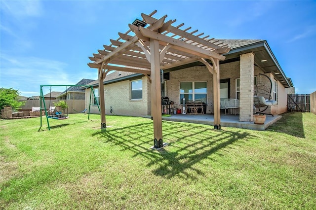 14812 Deerbrook Blvd, Oklahoma City, OK 73142 - rear view of house with brick siding, a fenced backyard, a patio area, a pergola, and a playground