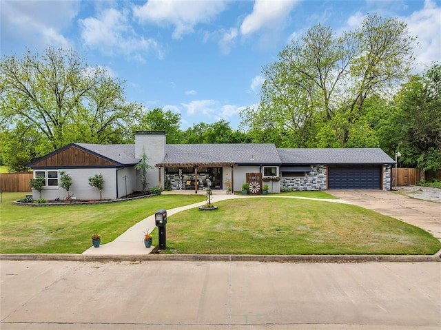 1800 SW 6th St, Ardmore, OK 73401 - mid-century modern home featuring concrete driveway, a garage, a chimney, and stone siding