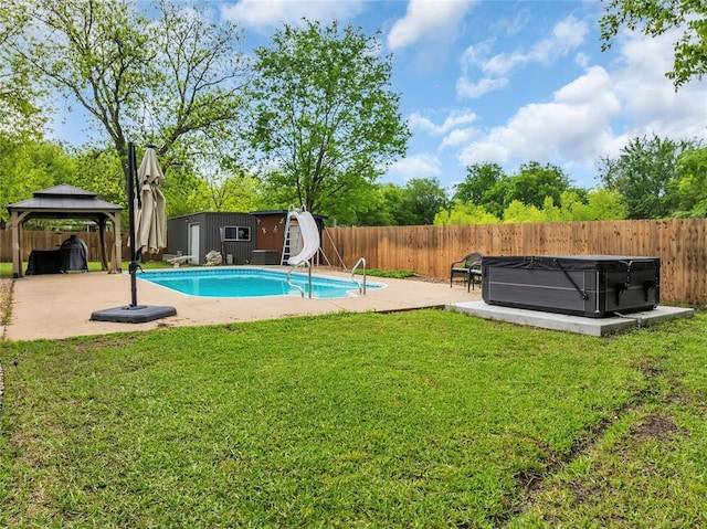 1800 SW 6th St, Ardmore, OK 73401 - view of pool with a water slide, a gazebo, a patio area, a fenced backyard, and a hot tub