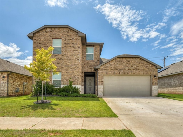 4205 Palmetto Bluff Dr, Mustang, OK 73064 - traditional-style house featuring an attached garage, a front yard, driveway, and brick siding