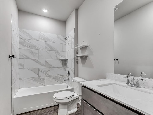4205 Palmetto Bluff Dr, Mustang, OK 73064 - bathroom featuring vanity,  shower combination, and wood finished floors