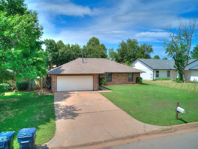 17 Pueblo, Edmond, OK 73013 - ranch-style house with driveway, a front lawn, a garage, and brick siding