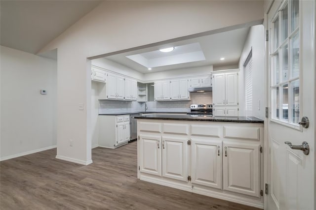 7913 Debar Cir, Oklahoma City, OK 73132 - kitchen with stainless steel appliances, backsplash, wood finished floors, white cabinets, and open shelves