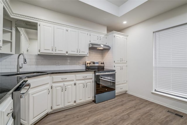 7913 Debar Cir, Oklahoma City, OK 73132 - kitchen with appliances with stainless steel finishes, under cabinet range hood, white cabinets, light wood-type flooring, and recessed lighting