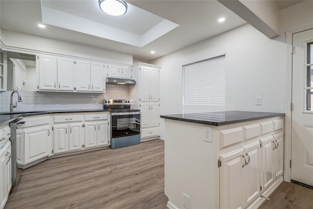 7913 Debar Cir, Oklahoma City, OK 73132 - kitchen with appliances with stainless steel finishes, under cabinet range hood, dark countertops, white cabinets, and recessed lighting