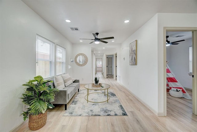 800 SW 26th St, Oklahoma City, OK 73109 - living area featuring a ceiling fan, light wood-style flooring, and recessed lighting