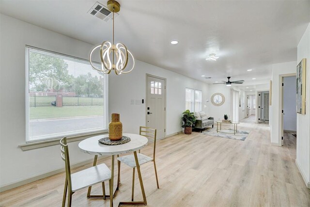 800 SW 26th St, Oklahoma City, OK 73109 - dining area featuring light wood-style flooring, a ceiling fan, a chandelier, and recessed lighting