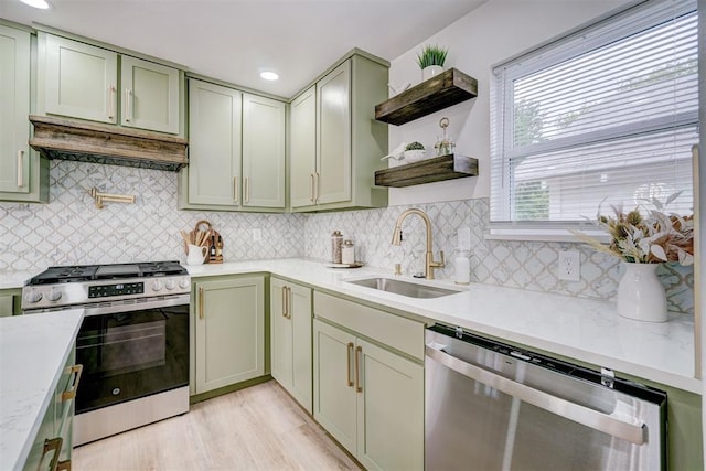 800 SW 26th St, Oklahoma City, OK 73109 - kitchen featuring stainless steel appliances, under cabinet range hood, green cabinetry, open shelves, and recessed lighting