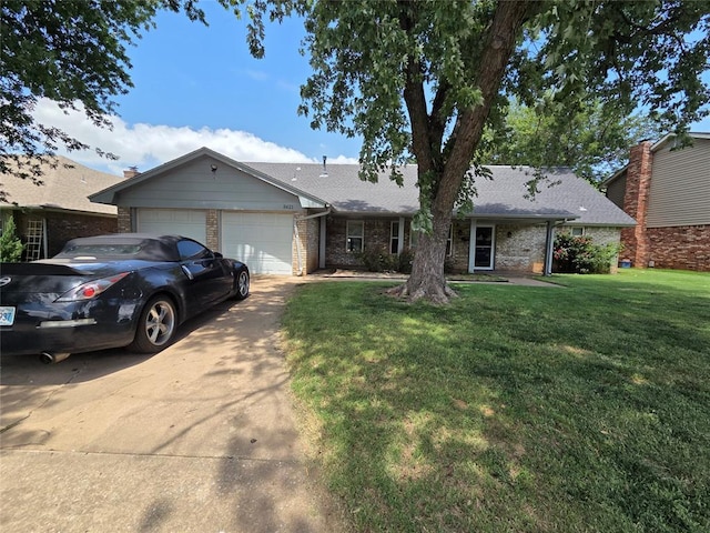 5621 NW 83rd St, Oklahoma City, OK 73132 - ranch-style home with concrete driveway, brick siding, a garage, and a front lawn