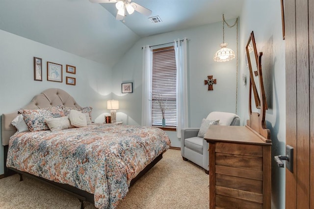 16204 Old Olive Way, Edmond, OK 73013 - bedroom featuring light carpet, lofted ceiling, and a ceiling fan