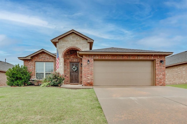 11316 NW 94th St, Yukon, OK 73099 - view of front of property with brick siding, concrete driveway, a garage, a front yard, and stone siding