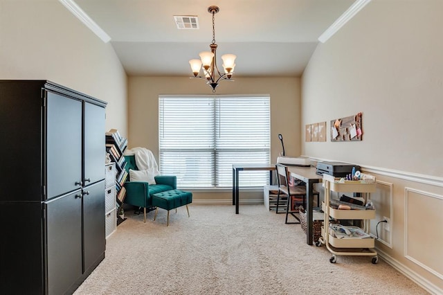 11316 NW 94th St, Yukon, OK 73099 - office space featuring a chandelier, carpet flooring, lofted ceiling, and ornamental molding