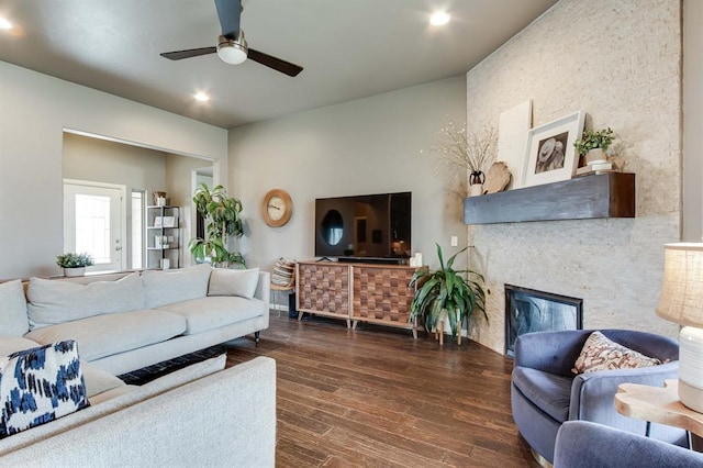 9124 NW 90th Cir, Yukon, OK 73099 - living area with ceiling fan, wood-type flooring, a glass covered fireplace, and recessed lighting
