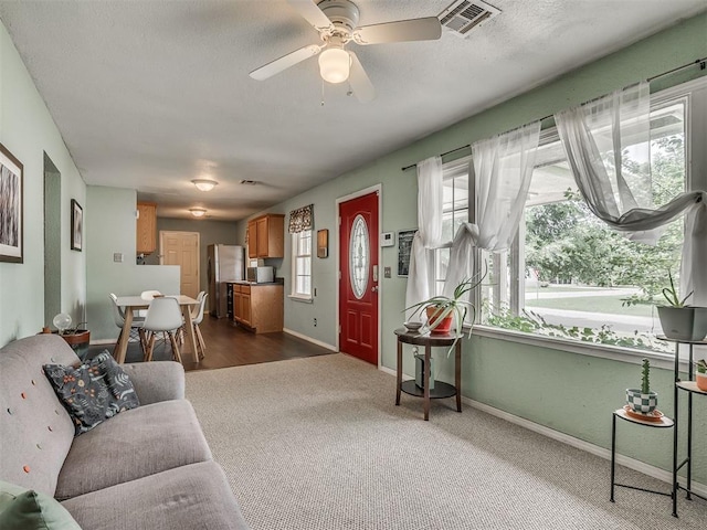 2028 Carlisle Rd, The Village, OK 73120 - living room featuring dark colored carpet, a ceiling fan, and a textured ceiling