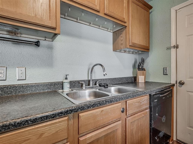 2028 Carlisle Rd, The Village, OK 73120 - kitchen with dishwasher, dark countertops, a textured wall, and brown cabinetry