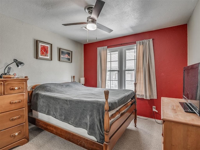 2028 Carlisle Rd, The Village, OK 73120 - bedroom featuring a textured wall, carpet flooring, a textured ceiling, and a ceiling fan