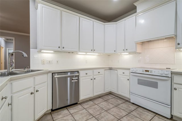 1900 NW 159th Pl, Edmond, OK 73013 - kitchen with stainless steel dishwasher, white electric range oven, ornamental molding, tasteful backsplash, and light tile patterned floors