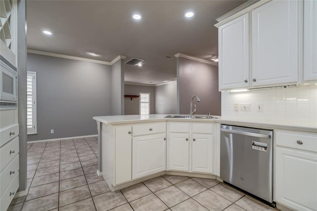 1900 NW 159th Pl, Edmond, OK 73013 - kitchen featuring stainless steel dishwasher, ornamental molding, a peninsula, backsplash, and recessed lighting
