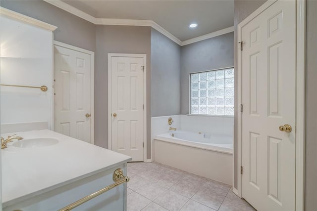 1900 NW 159th Pl, Edmond, OK 73013 - bathroom with a bath, crown molding, vanity, tile patterned floors, and recessed lighting