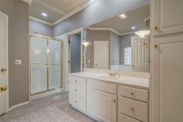 1900 NW 159th Pl, Edmond, OK 73013 - bathroom featuring crown molding, a shower stall, vanity, tile patterned floors, and recessed lighting