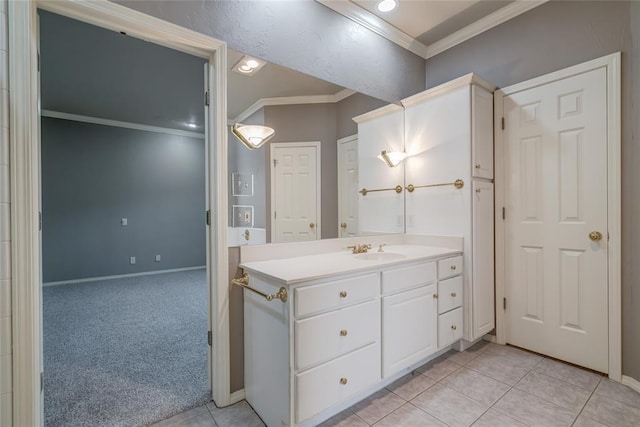 1900 NW 159th Pl, Edmond, OK 73013 - bathroom with crown molding, vanity, tile patterned floors, and recessed lighting
