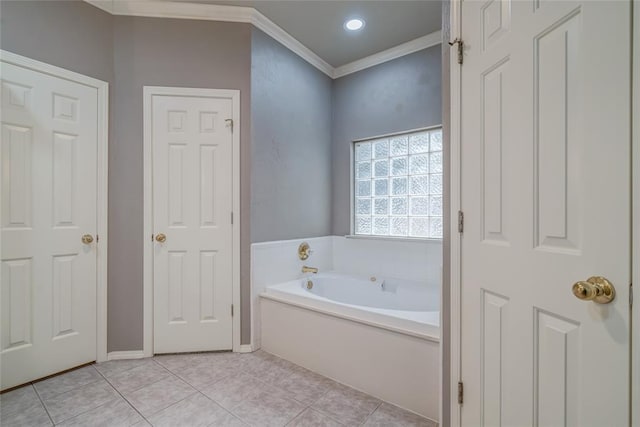 1900 NW 159th Pl, Edmond, OK 73013 - full bathroom with a garden tub, ornamental molding, tile patterned floors, and recessed lighting