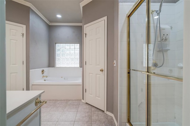 1900 NW 159th Pl, Edmond, OK 73013 - full bathroom featuring vanity, a shower stall, a garden tub, ornamental molding, and tile patterned floors